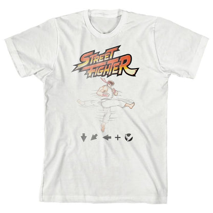 تي شيرت أبيض للأولاد بأكمام قصيرة ورقبة دائرية من Street Fighter Classic Ryu Button Sequence