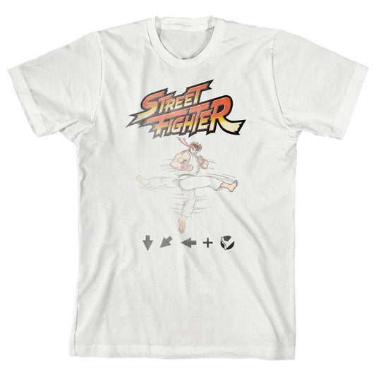 تي شيرت أبيض للأولاد بأكمام قصيرة ورقبة دائرية من Street Fighter Classic Ryu Button Sequence