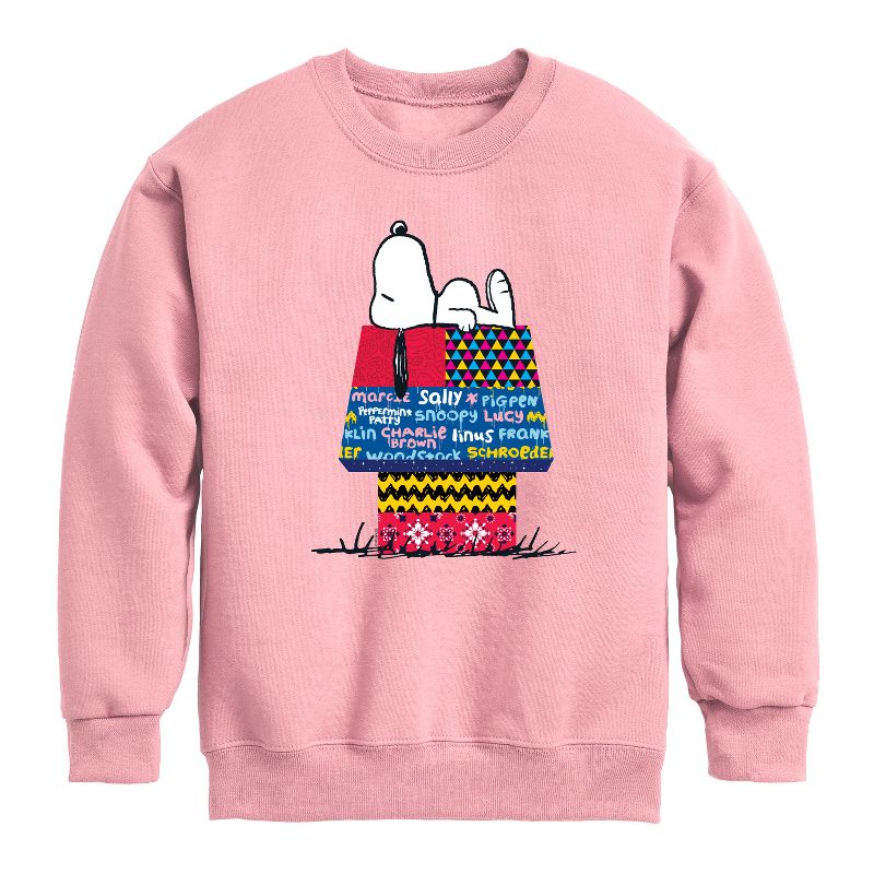 Boys' - Peanuts - Snoopy Patchwork Doghouse Graphic Long Sleeve Fleece Sweatshirt