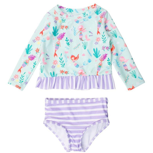 RuffleButts Girls UPF50+ Long Sleeve Rash Guard Bikini