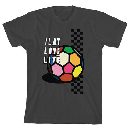 Soccer Play, Love, Live Youth Charcoal Short Sleeve Crew Neck Tee