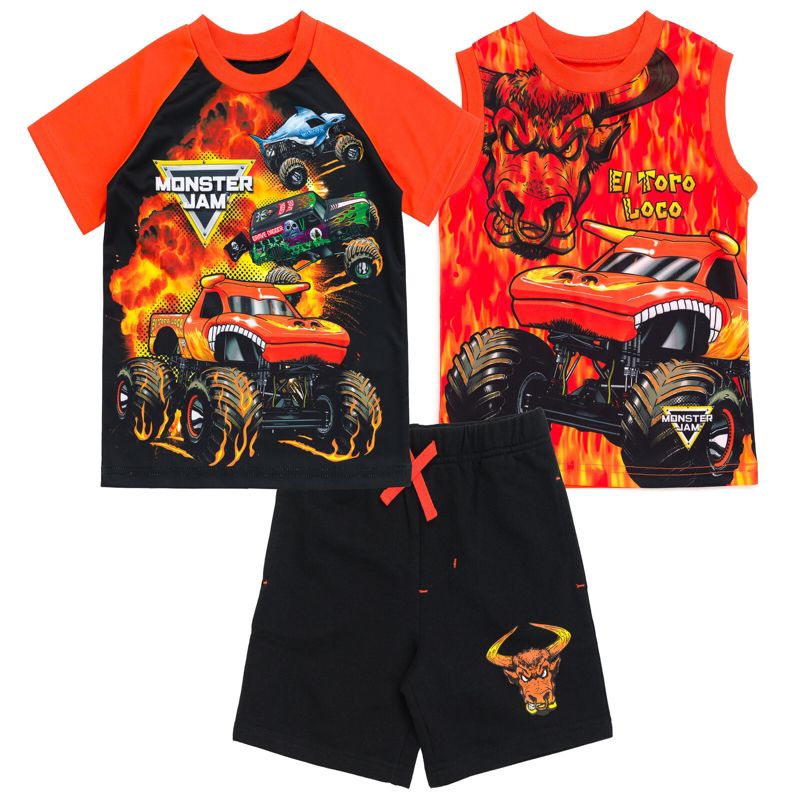 تي شيرت وقميص داخلي من Monster Jam Grave Digger El Toro Loco Megalodon وشورت French Terry، طقم من 3 قطع للأطفال الصغار إلى الكبار