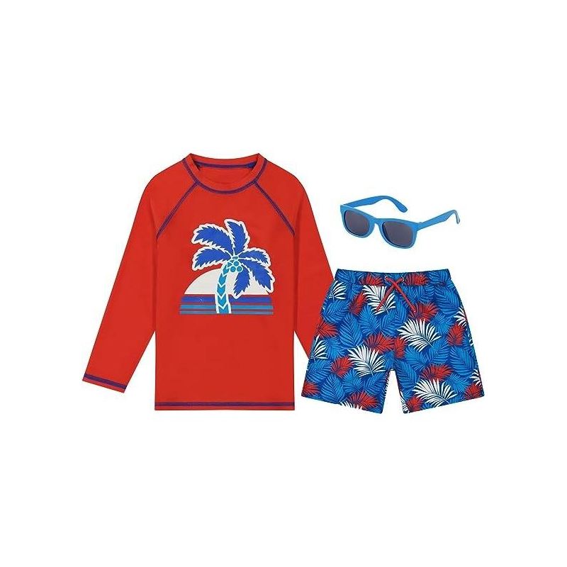 Girls and Boys Swim Set with Long Sleeve Rash Guard, Swim Shorts, and Sunglasses,  Kids Ages 3T-8 Years