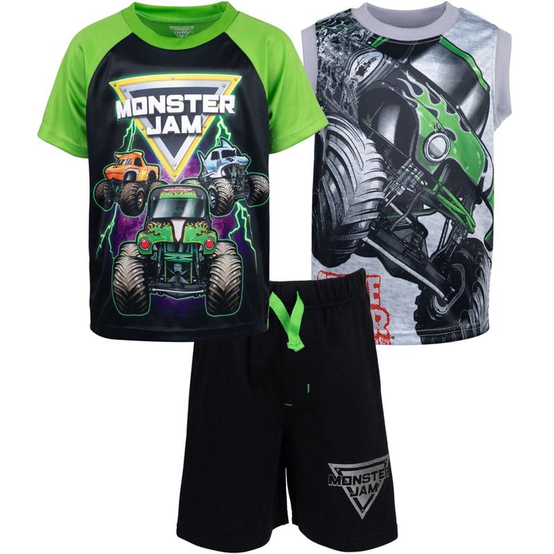 تي شيرت وقميص داخلي من Monster Jam Grave Digger El Toro Loco Megalodon وشورت French Terry، طقم من 3 قطع للأطفال الصغار إلى الكبار
