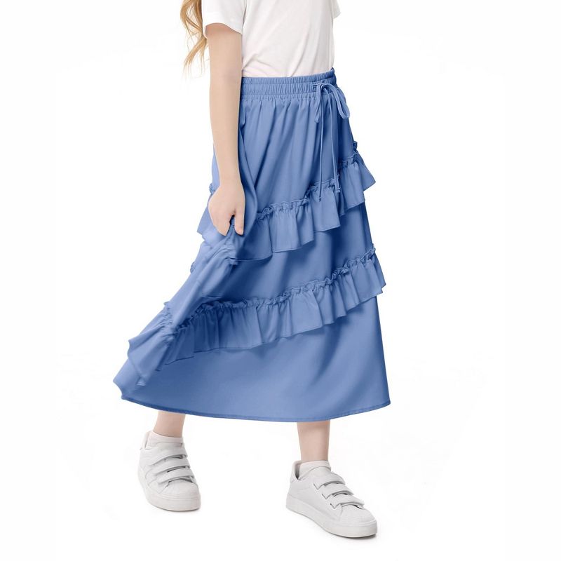 Girls Ruffled Skirts Summer Highwaist Maxi Skirts for Girls A-line Adjustable Drawstring Skirts with Irregular Hem