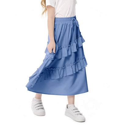 Girls Ruffled Skirts Summer Highwaist Maxi Skirts for Girls A-line Adjustable Drawstring Skirts with Irregular Hem