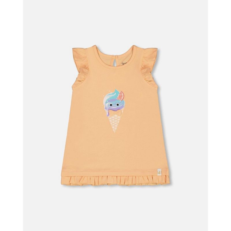 Deux par Deux Girl Organic Cotton Tunic with Frill and Print Light Orange and Ice Cream Cone