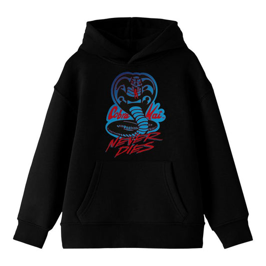 Cobra Kai Never Dies Neon Logo Long Sleeve Youth Black Hooded Sweatshirt