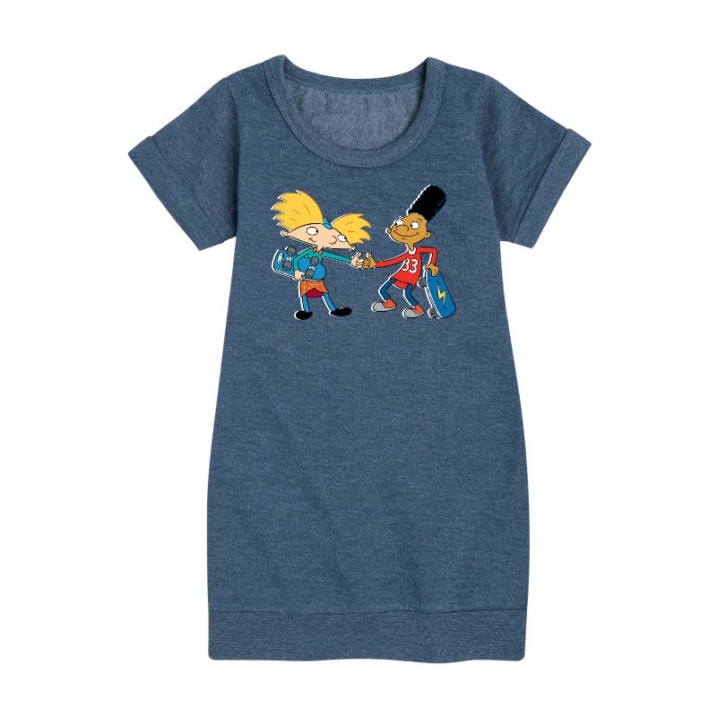 Girls' - Hey Arnold! - Arnold and Gerald Skateboard Graphic Short Sleeve Fleece Dress
