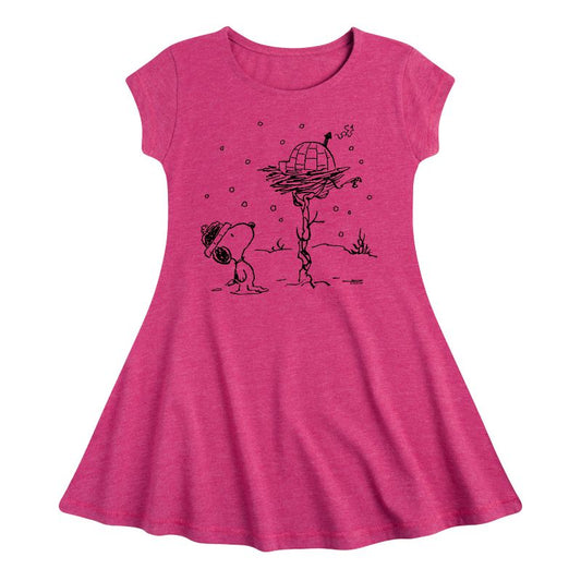 Girls' - Peanuts - Snoopy Woodstock Igloo Fit & Flair Cap Sleeve Dress