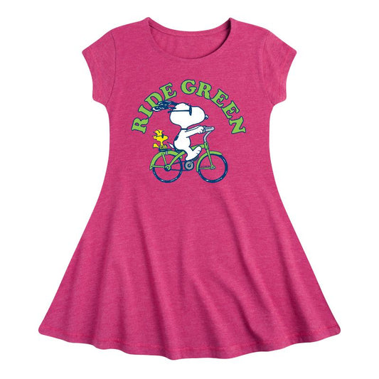 Girls' - Peanuts - Ride Green Fit & Flair Cap Sleeve Dress