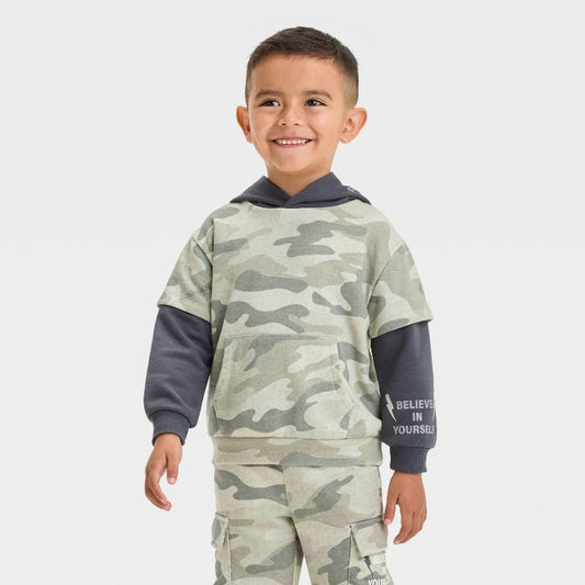 Grayson Mini Toddler Boys' Camo French Terry Pullover Hoodie T-Shirt - Green/Black