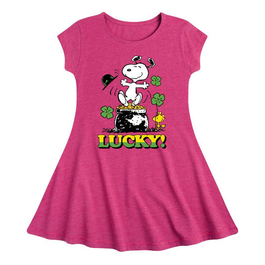 Girls' - Peanuts - Lucky Snoopy Fit & Flair Cap Sleeve Dress