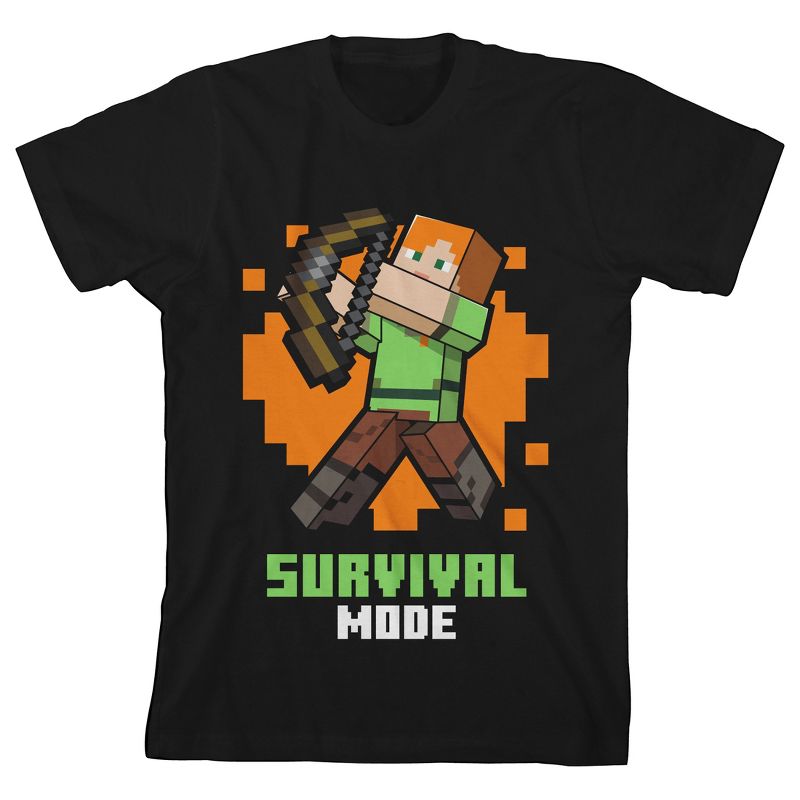 تي شيرت أسود للأولاد بأكمام قصيرة وياقة دائرية من Minecraft Alex Survival Mode