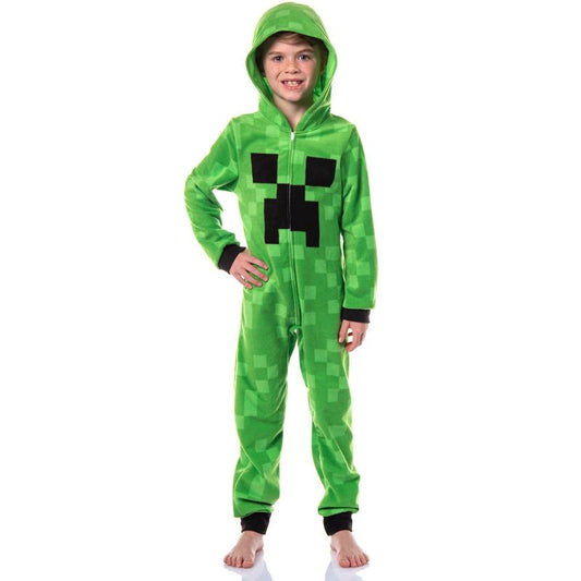 Minecraft Kids Fleece Creeper Hooded Union Suit Zip Front Footless Sleep Pajama