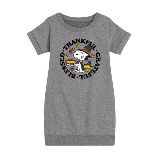 Girls' - Peanuts - Thanksful, Grateful, Blessed Graphic Short Sleeve Fleece Dress