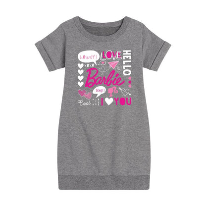 فستان باربي - عيد الحب - من الصوف بأكمام قصيرة ورسومات مجمعة - للبنات