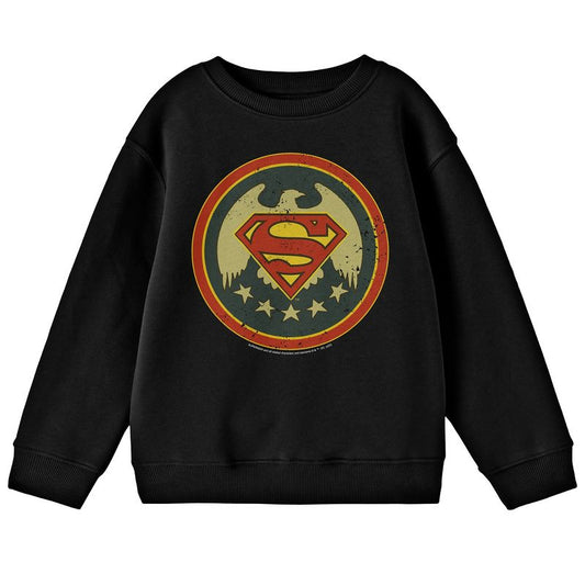 Superman Logo With American Eagle Seal Crew Neck Long Sleeve Youth Black Tee