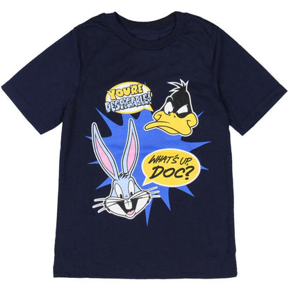 Seven Times Six Looney Tunes Boys' Daffy Duck And Bugs Bunny Catchphrases Kids T-Shirt Blue