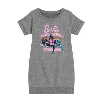 فستان صوف بأكمام قصيرة مطبوع عليه رسومات دمى المدرسة المتوسطة للبنات - باربي