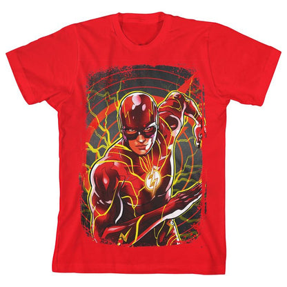 تي شيرت أحمر بأكمام قصيرة ورقبة دائرية للأولاد من فيلم The Flash مع رسومات شخصية وحواف متهالكة