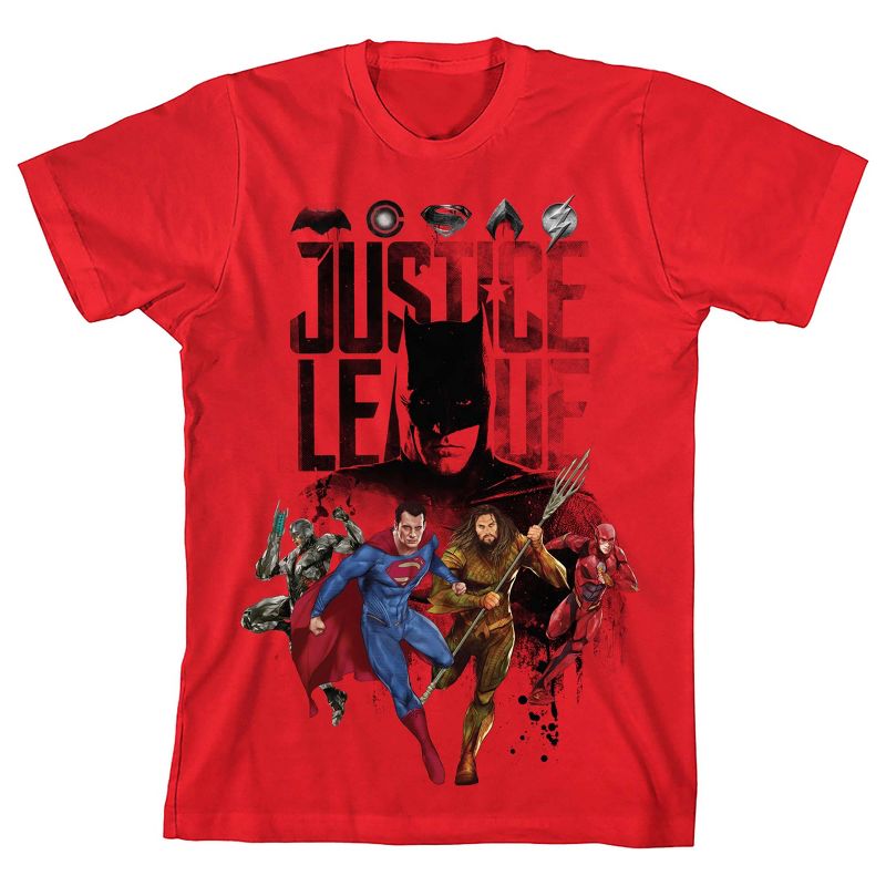 Justice League Movie Superhero Team and Logos Boy's Red T-shirt