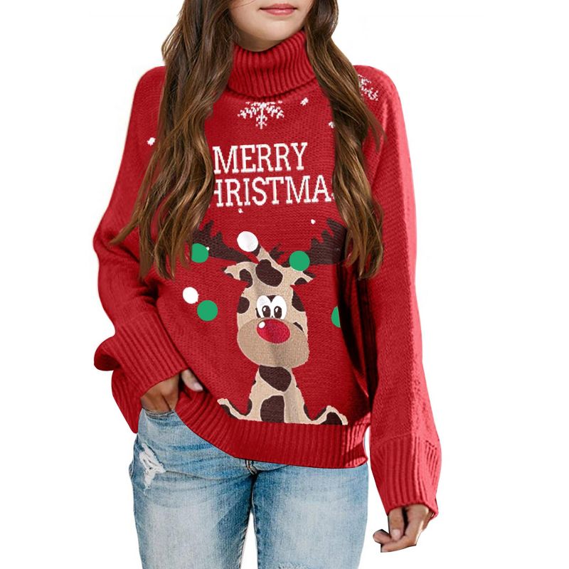Girls Christmas Knit Pullover Sweaters Turtleneck Kids Long Sleeve Chunky Winter Warm Cute Funny Tops