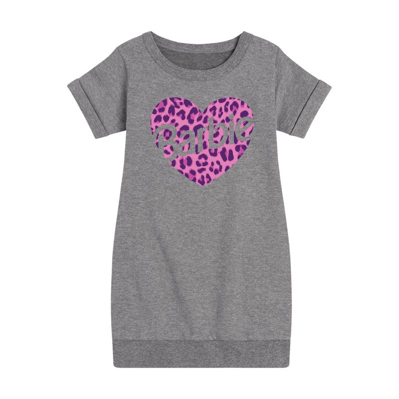 Girls' - Barbie - Leopard Heart Graphic Short Sleeve Fleece Dress