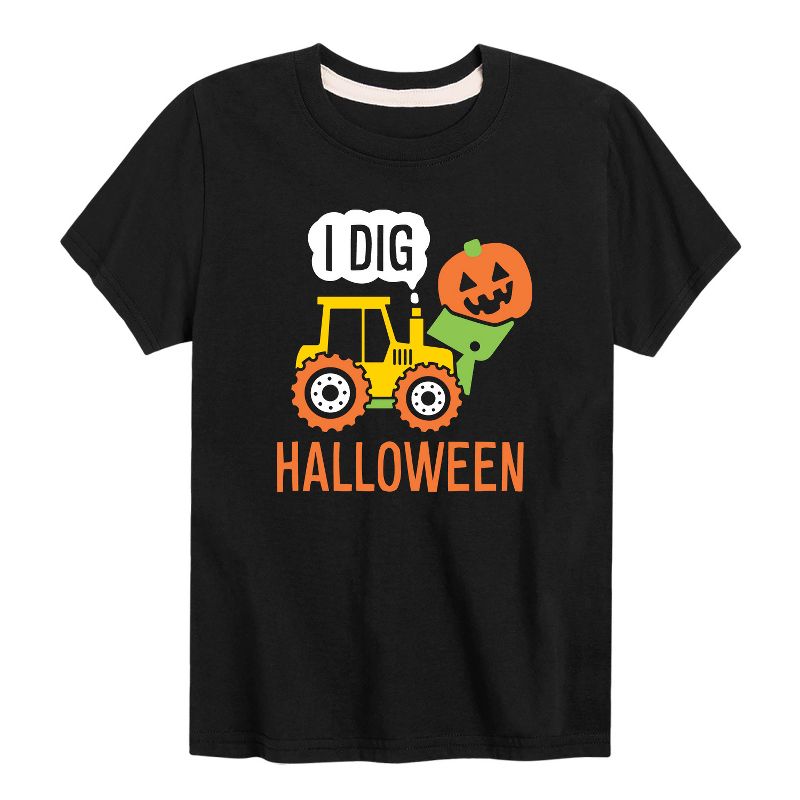 تي شيرت جرافيكي بأكمام قصيرة بتصميم مركبة بناء للهالوين للأولاد - رسالة فورية - أنا أعشق الهالوين