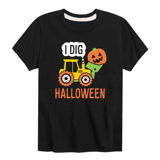 تي شيرت جرافيكي بأكمام قصيرة بتصميم مركبة بناء للهالوين للأولاد - رسالة فورية - أنا أعشق الهالوين