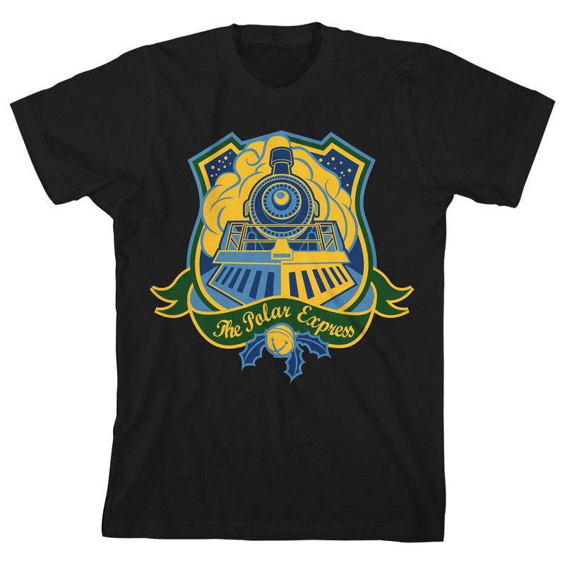 تي شيرت شبابي أسود بأكمام قصيرة ورقبة دائرية من Bioworld Polar Express Vectored Train Facade Graphic