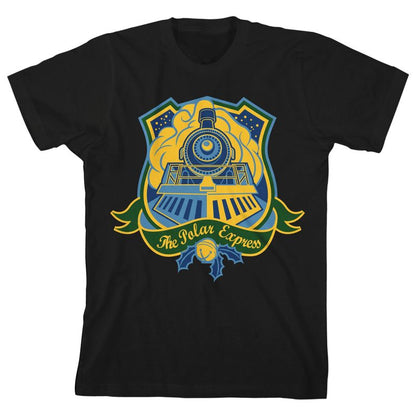 تي شيرت شبابي أسود بأكمام قصيرة ورقبة دائرية من Bioworld Polar Express Vectored Train Facade Graphic
