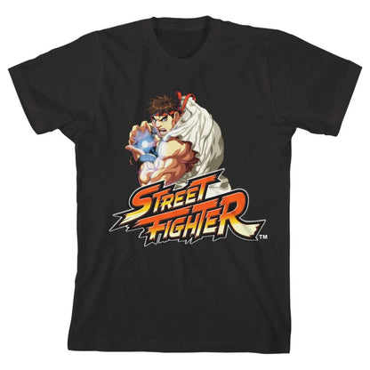 تي شيرت أسود للأولاد بأكمام قصيرة ورقبة دائرية من Street Fighter Classic Strong Ryu