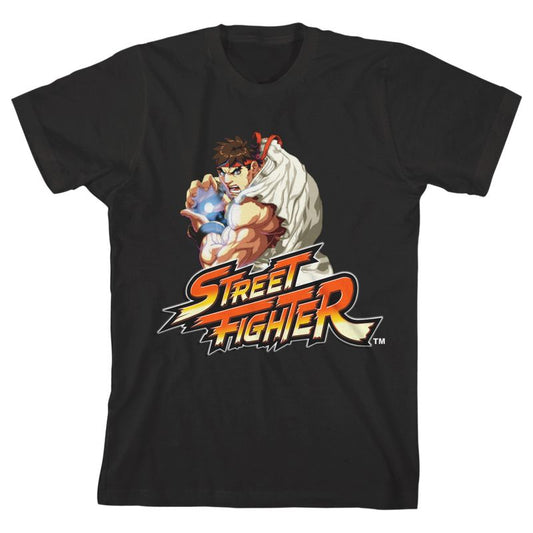 تي شيرت أسود للأولاد بأكمام قصيرة ورقبة دائرية من Street Fighter Classic Strong Ryu