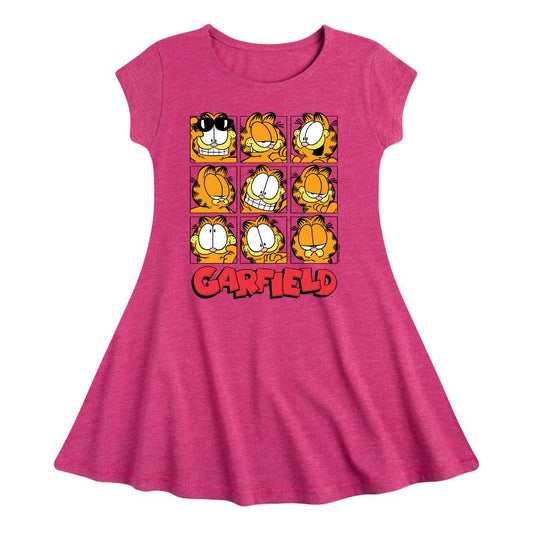 Girls' - Garfield - Faces Grid Fit & Flair Cap Sleeve Dress