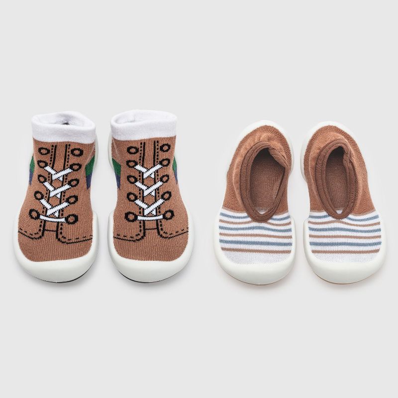 Komuello Toddler Sock Shoes Combo Set – First Walker Baby Shoes Flat brown stripe/Runner Brown