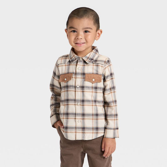 قميص غربي منقوش بأكمام طويلة للأولاد الصغار من OshKosh B'gosh - كريمي/بني