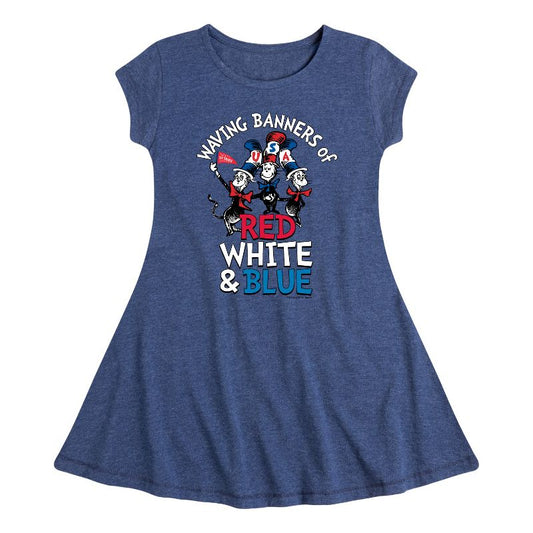 Girls' - Dr. Seuss - Cat in the Hat Waving Banners of Red, White and Blue Fit & Flair Cap Sleeve Dress
