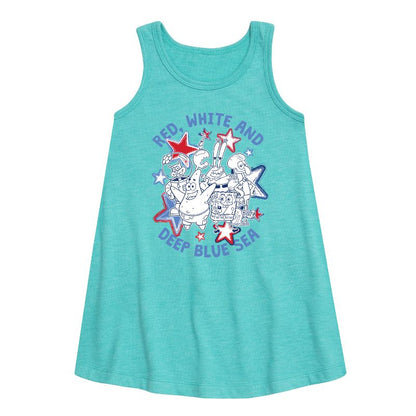 Girls' - SpongeBob SquarePants - Red, White and Deep Blue Sea Graphic Sleeveless Aline Dress