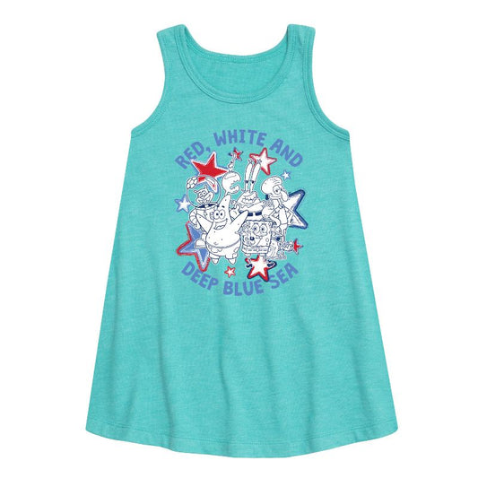 Girls' - SpongeBob SquarePants - Red, White and Deep Blue Sea Graphic Sleeveless Aline Dress
