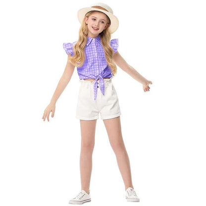 Girls Tie Front Knot Tops with Ruffle Sleeve Plaid Tops Tie Front Blouse Short Sleeve Button Down Shirts for Toddler Girls