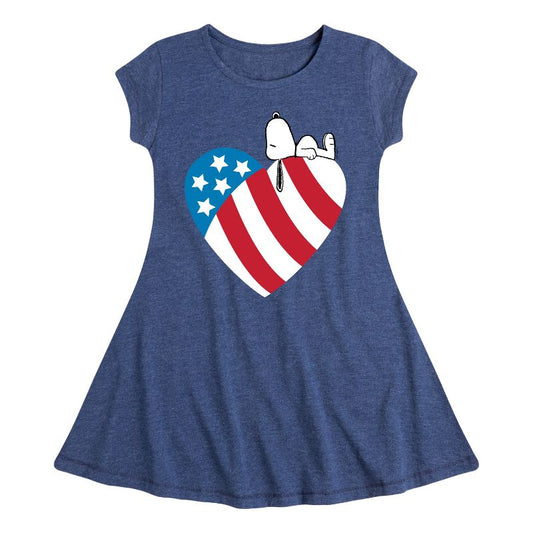 Girls' - Peanuts - Snoopy On Flag Heart Fit & Flair Cap Sleeve Dress