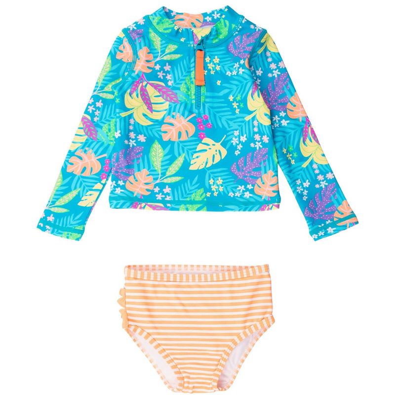 RuffleButts Baby/Toddler Girls UPF50+ Long Sleeve Zipper Rash Guard 2-Piece