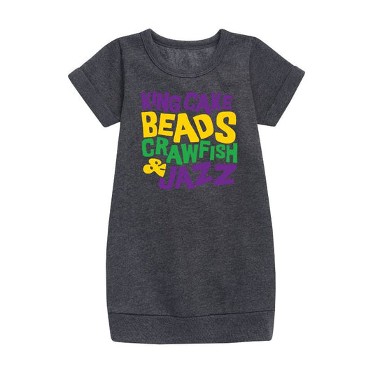 Girls' - Instant Message - King Cake Beads Crawfish Jazz Graphic Short Sleeve Fleece Dress
