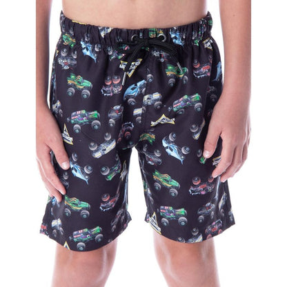Monster Jam Boys' Dragon Zombie Grave Digger Megalodon Allover Swim Trunks Black