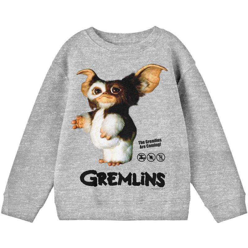 Gremlins Gizmo Character with Logo Youth Heather Gray Crew Neck Sweatshirt