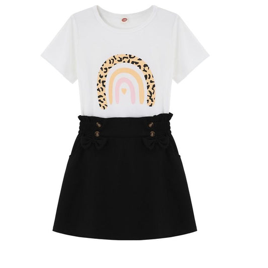 Girls 2pcs Cute Color Printed Short Sleeve Shirt and Elastic High Waist Bow A-line Skirt Sets