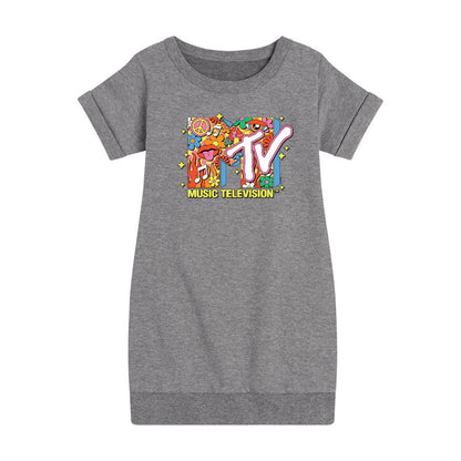 Girls' - MTV - Logo Retro Collage Graphic Short Sleeve Fleece Dress