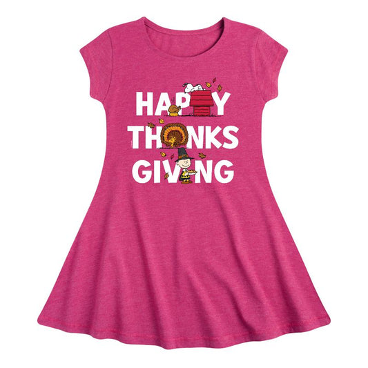 Girls' - Peanuts - Happy Thanksgiving Icons Fit & Flair Cap Sleeve Dress