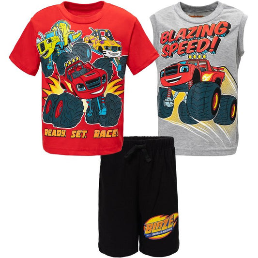 طقم ملابس للأطفال الصغار من Blaze and the Monster Machines Stripes Zeg Blaze مكون من تي شيرت وقميص داخلي وشورت دراجات من قماش فرنسي تيري مكون من 3 قطع
